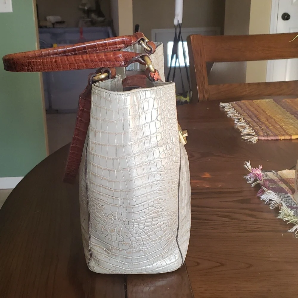 Brahmin Cream Tote with Brown Croc-Embossed Trim